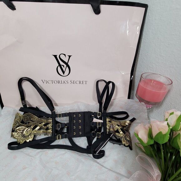 1423 VICTORIA'S SECRET BLACK GOLD Strappy Embroidered Open Cup Balconett… - Picture 10 of 11